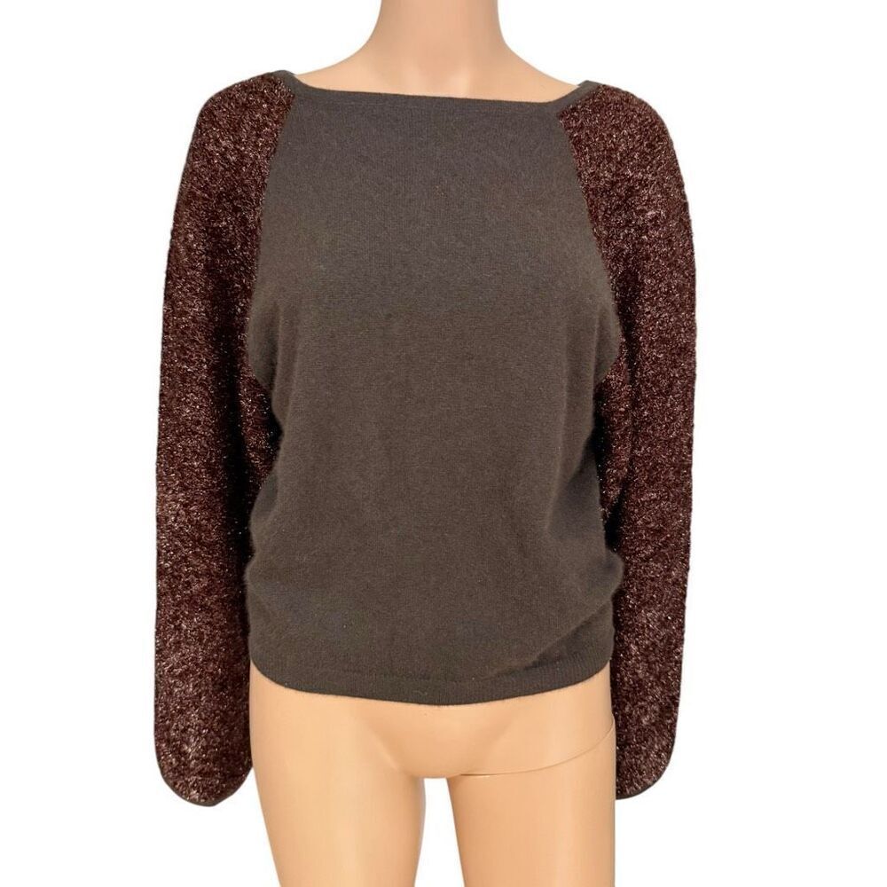 I Blues sweater brown glittery copper-colored raglan sleeves wool/angora blend M